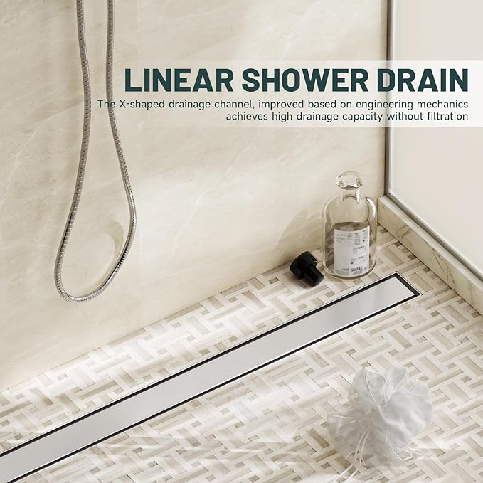 36-Inch Linear Shower Floor Drain, Stainless Steel Bathroom Floor Drains, Rectangular Shower Trench Floor Drain, Hair Strainer, Brushed Nickel