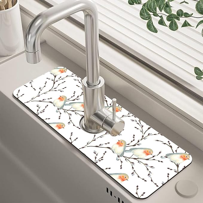 Willow Branches and Robin Dish Drying Mat for Kitchen Sink Splash Guard Behind Faucet Sink Mat Absorbent Fast Drying Faucet Draining Mat for Bathroom Kitchen 5.5"×15"