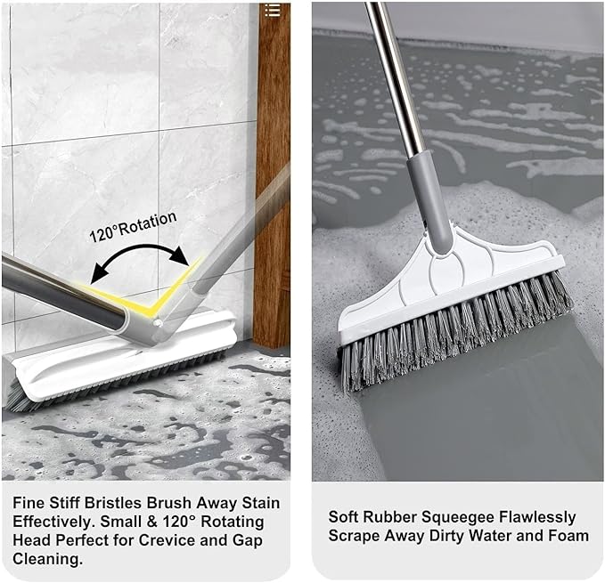 2 in 1 Cleaning Scrub Brush Grout Brush Scrapee 3 Poles 47.6'' Floor Scrub Brush with Long Handle V-Shape Stiff Bristle Brush Scrubber with Squeegee 120°Rotate Magic Broom Brush for Bathroom Glass