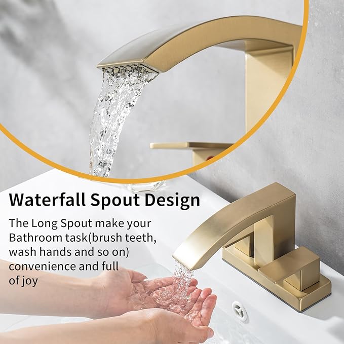 4 Inch Centerset Bathroom Faucet, 2-Handle Waterfall Sink Faucet 3 Hole, Brushed Gold Vanity Faucet with Pop Up Drain & cUPC Supply Hoses,Waterfall Bathroom Faucet for Lavatory