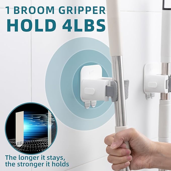 TAILI Mop and Broom Holder Wall Mount Grippers, 2 Hangers and 6 Adhesive Strips, Damage Free Hanging Wall Mount, Household Cleaning Organizer for Organization and Storage, Holds up to 4 lbs, Grey