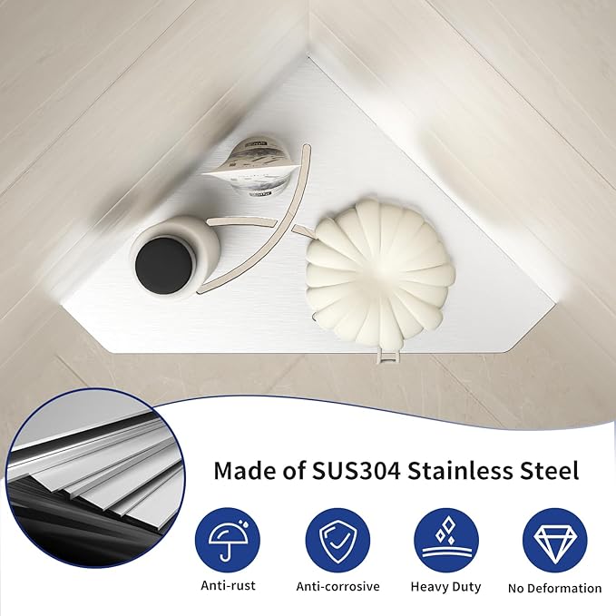 Corner Shower Shelf 10" Brushed 304 Stainless Steel Pentagonal Corner Shelf Recessed Bathroom Shower Shelf, No Drilling