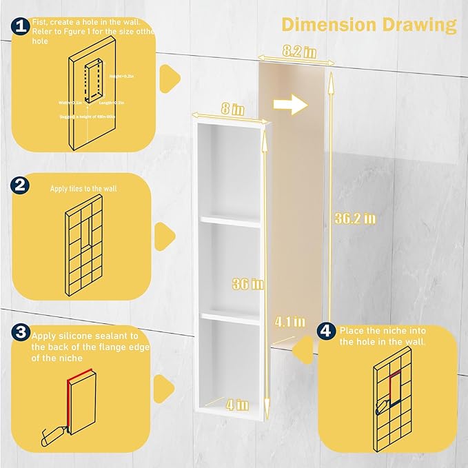 Narrow Shower Niche with Shelf，Stainless Steel recessed Wall Niche ，Three-Tier Shelves with Bathroom Storage/Remodel， Matte White （ 8"x 36"）