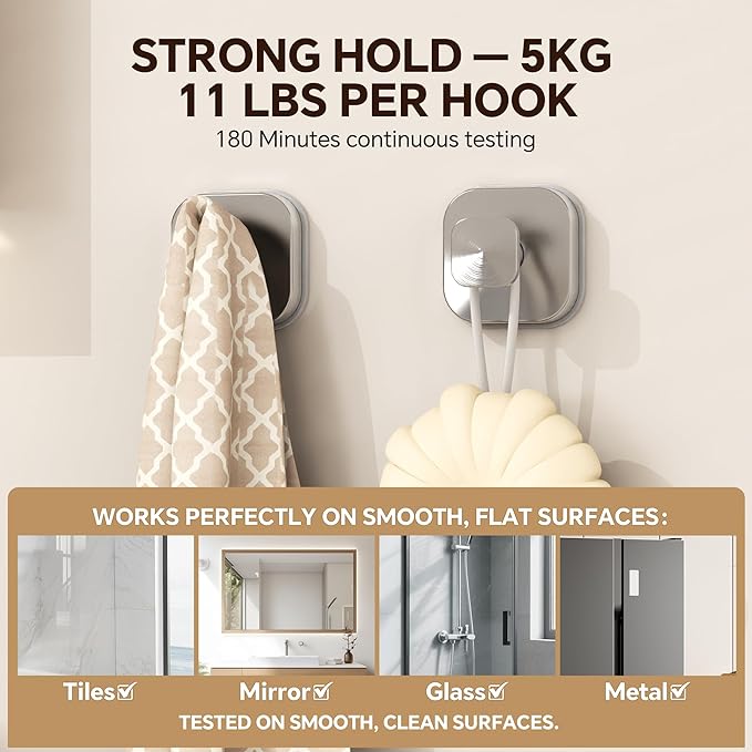 2Pack Suction Cup Hooks for Shower, Bathroom, Glass Door – Heavy Duty Waterproof Suction Hooks for Towel, Loofah, Bath Robe and Wreath Hanging – No Drill Removable Hook, Brushed Silver