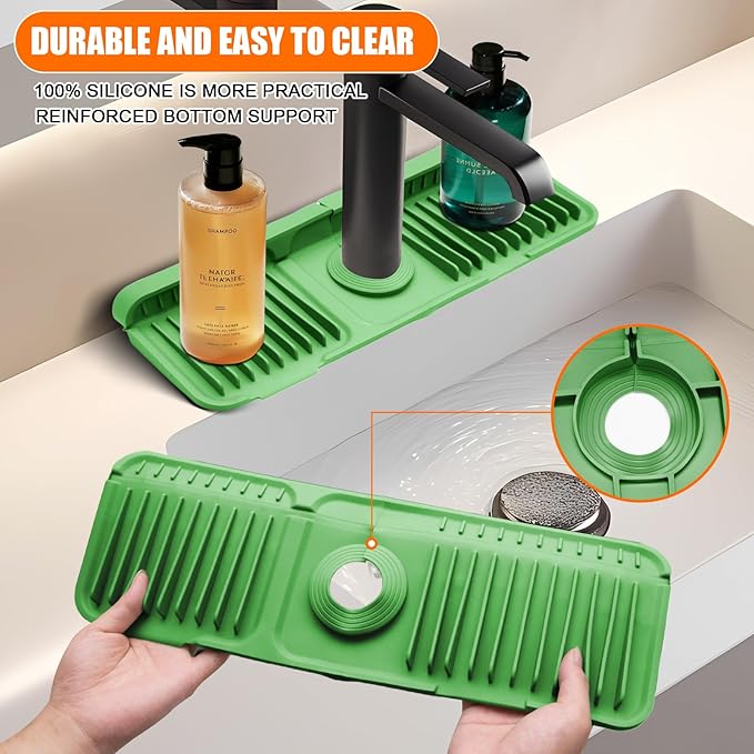 14.5" Green Silicone Faucet Mat for Kitchen Sink – Button Style Faucet Drip Catcher Sink Splash Guard with 6° Slope, Behind Faucet Draining Mat | Leak-Proof Countertop Protector for Kitchen Bathroom