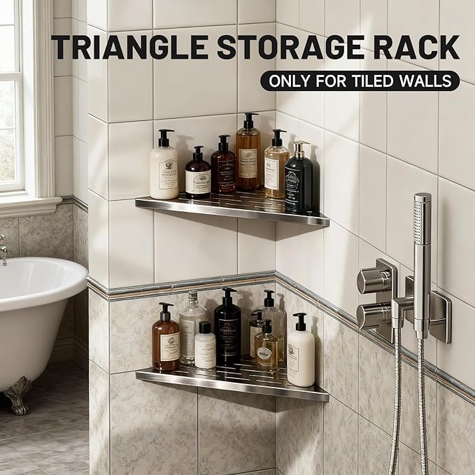 Corner Shower Shelves 10" Brushed Nickel, 2 Pack 304 Stainless Steel Shower Corner Shelf Recessed Slot Design, Wall Mount Triangle Shower Caddy for Bathroom, Kitchen Organization