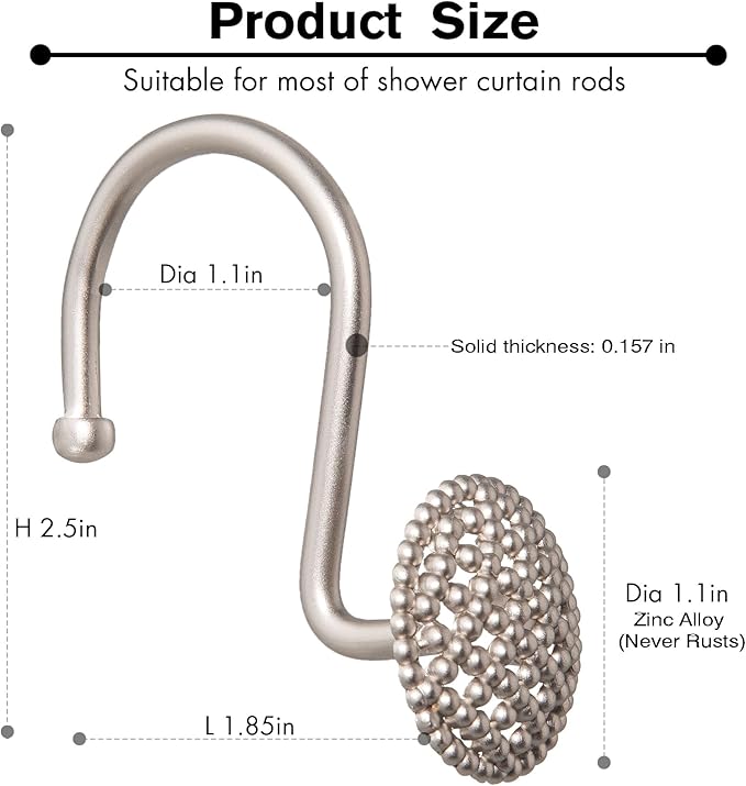 Pearlbee Nickel Shower Curtain Hooks, Rust Proof Shower Curtain Rings for Bathroom, Metal Shower Hooks for Shower Curtain Rod, Modern Decorative Shower Curtain Hangers Set of 12
