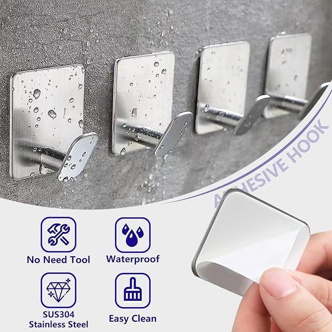 Adhesive Shower Hooks Heavy Duty Metal, Brushed Nickel Towel Hooks Stick On Wall Hanger for Hanging Coat, Hat, Robe Hook for Bathroom Kitchen Decorations, 304 Stainless Steel (4 Packs)