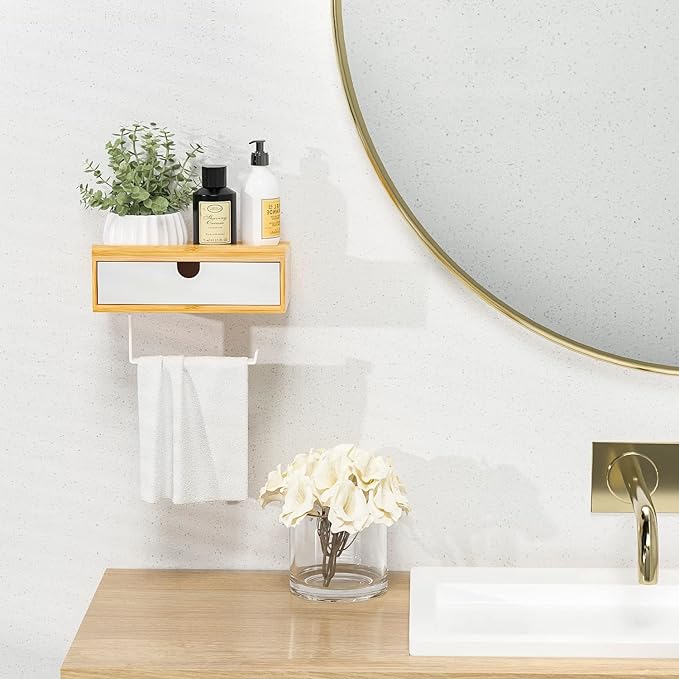 Domax Compact 7.36" Bamboo Toilet Paper Holder with Shelf and Storage Drawer - Wall Mount or Adhesive Bathroom Organizer for Tampons, Small Items, Space-Saving Design, Nature&White