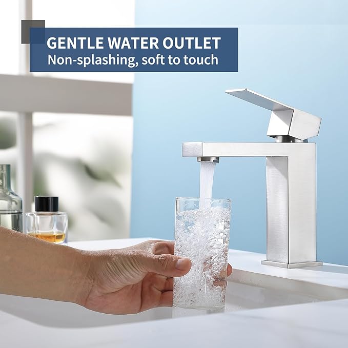 Brushed Nickel Bathroom Sink Faucets One Hole Sink Faucet Single Handle 1 Hole Vanity SUS304 Stainless Steel Faucet for Bathroom Sink Bathroom Faucets, SF3-BN