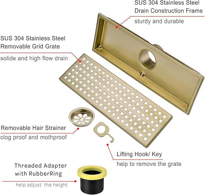 12 inch Stainless Steel Linear Shower Floor Drain with Threaded Adapter, Removable Cover Grid Grate, Brushed Gold Finished