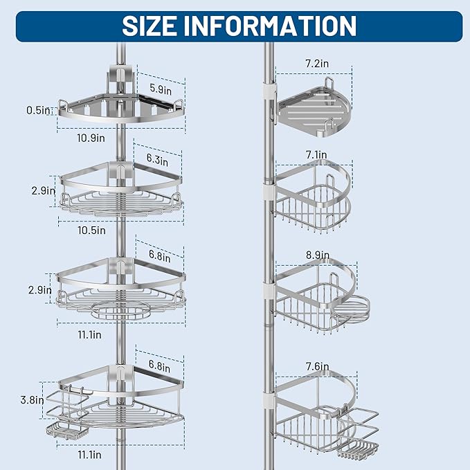 Corner Shower Caddy Tension Pole, 4 Tier Adjustable No Drill Rustproof Large Capacity Space-Saving Shower Shelves Organizer Storage Rack 45.29-119in for Bathroom Bathtub Family Renters, Chrome