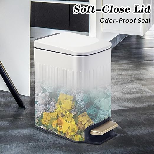 Soddeph Small Narrow Bathroom Trash Can with Lid Bathroom,1.6 Gallon Stainless Steel Wastebasket with Lid Soft Close,Slim Trash Can with Removable Inner Bucket for Toilet, Bedroom,Office (White)