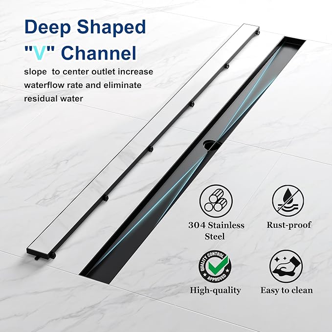 Neodrain 36-Inch Linear Shower Drain with Tile Insert Grate, Matte Black 304 Stainless Steel Rectangle Shower Floor Drain, Linear Drain with Leveling Feet, Hair Strainer