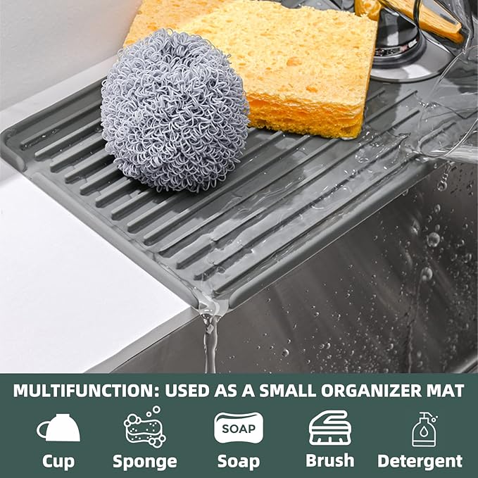 Faucet Mat for Kitchen Sink, Silicone Faucet Handle Drip Catcher Tray, Drying Mat as Sponge and Soap Holder with Lateral Inflow for Kitchen Bathroom Farmhouse & RV Sink Accessories (Grey)