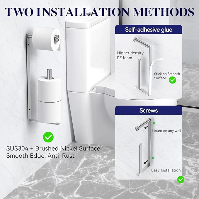 Longzon Brushed Nickel Toilet Paper Holder Wall Mount, Self Adhesive Toilet Paper Holder Storage for 3 Roll Tissue, Premium 304 Stainless Steel Stick On Toilet Paper Roll Holder for Bathroom, Silver