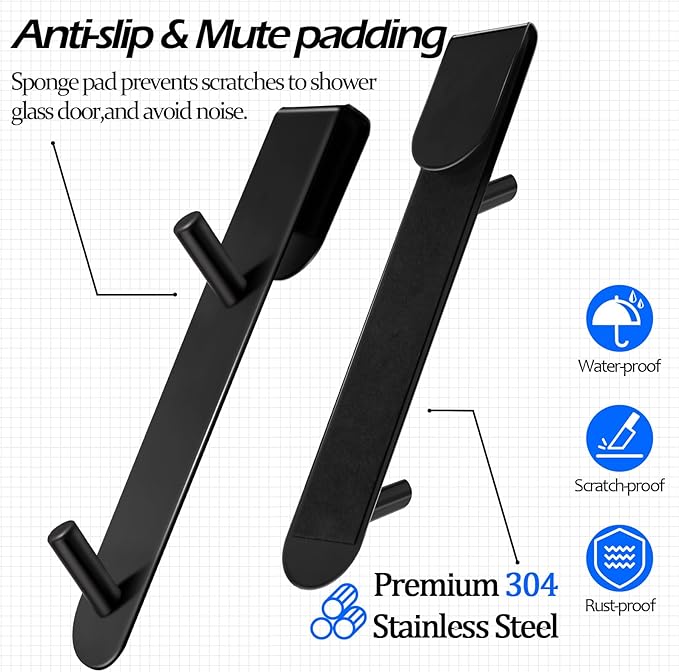 Over The Shower Door Hooks,2 Pack Removeable Double Bathroom Shower Hanger for Frameless Glass Door Hanging Bathrobe Towel,Extended Black Stainless Steel Heavy Duty Drill Free Holder 7.1 Inch 12mm