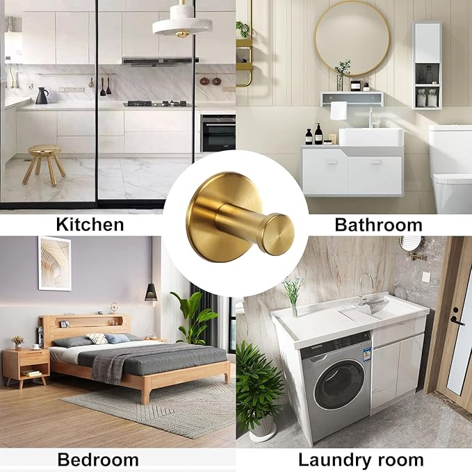 Bath Towel Hooks, 6 Pack Self Adhesive Coat Hooks, Sturdy No Drilling Robe Hook, SUS 304 Stainless Steel Heavy Duty Clothes Hanger, Wall Hooks for Bathroom Bedroom Kitchen (2 in, ‎Gold)