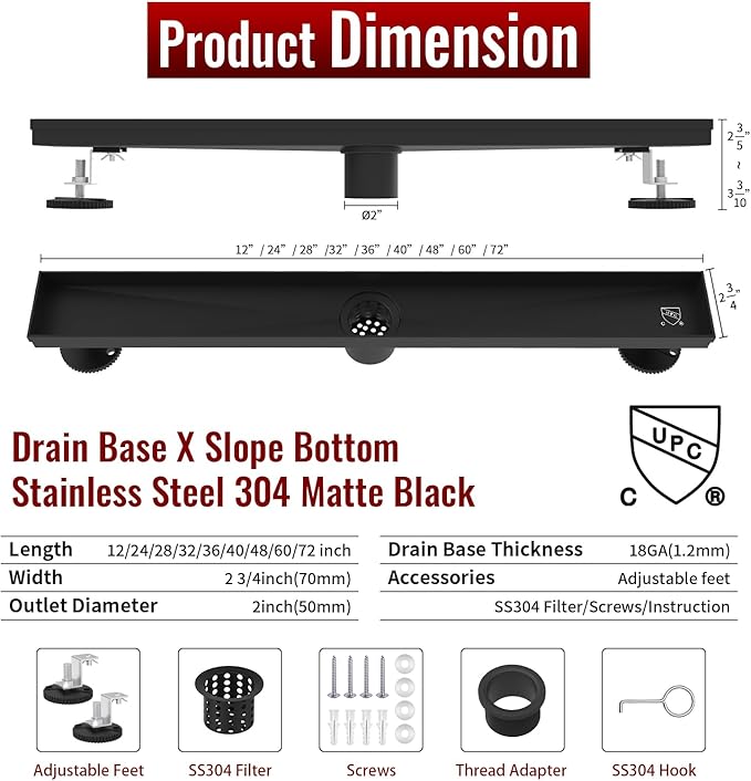 24 Inch Linear Shower Drain, Matte Black Shower Drain,Removable Grate, 304 Stainless Steel, Easy to Install and Clean for Bathrooms (Drain Base Not Included), LSD-51A-24B