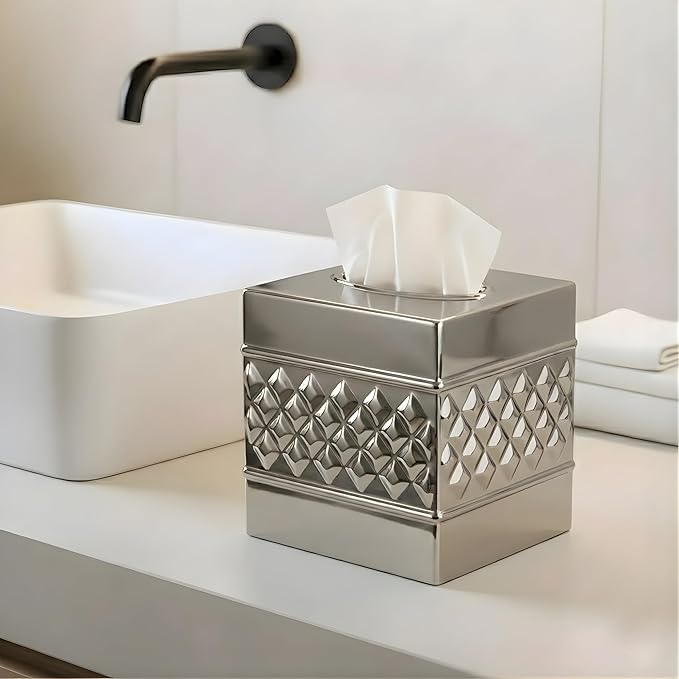 Monarch Abode Tissue Box Cover Square – Handcrafted Geo Embossed Nickel Chrome Finish Metal Tissue Holder Box for Bathroom Accessory, Aesthetic Decorative Facial Napkin Cube for Modern Home Decor