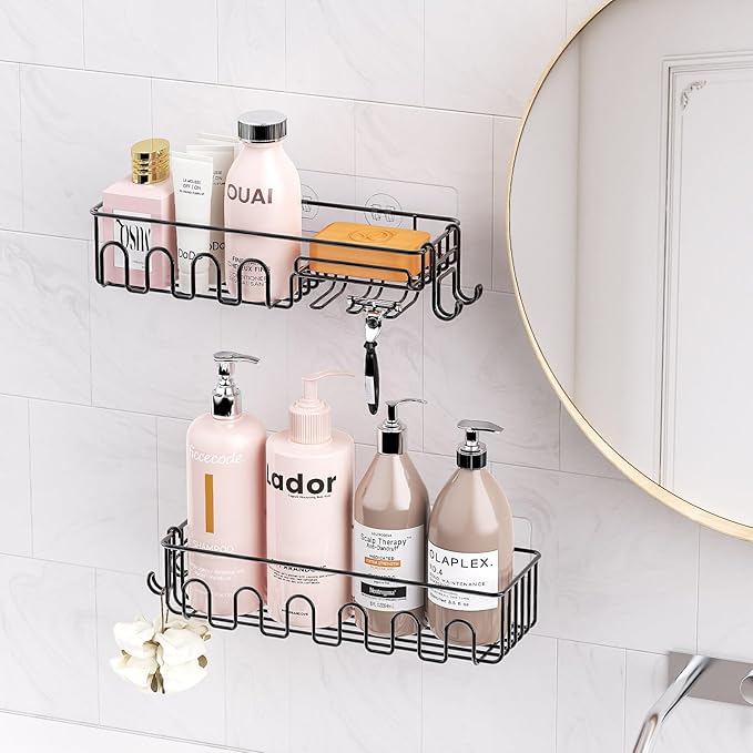 Adhesive Shower Caddy: 2 Bonus Hooks, 4-Pack Wall Mounted Bathroom Storage Shelf, Rustproof Metal Basket Organizer for Kitchen & Bathroom Drill Free Black
