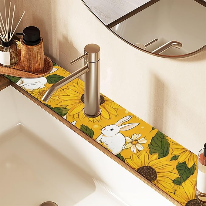 Autumn Sunflower and Cute Rabbit Kitchen Sink Splash Guard Sink Faucet Mat Faucet Handle Drip Catcher Drain Mats for Kitchen Bathroom Countertop Absorbent Dish Drying Pad 2Pack 14.7x5.4IN
