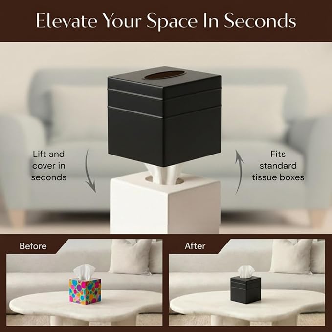 Monarch Abode Tissue Box Cover Square – Handcrafted Border Embossed Black Metal Tissue Holder Box for Bathroom Accessory, Aesthetic Decorative Facial Napkin Cube for Modern Home Decor