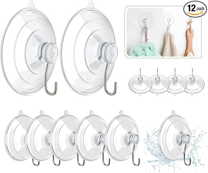 HangerSpace Suction Cup Hooks, 12 Packs Combo Set Clear PVC Suction Cups with Metal Hooks Removable Suction Cups for Kitchen Bathroom Shower Wall Window Glass Door (2 Large, 6 Medium, 4 Small),Variety