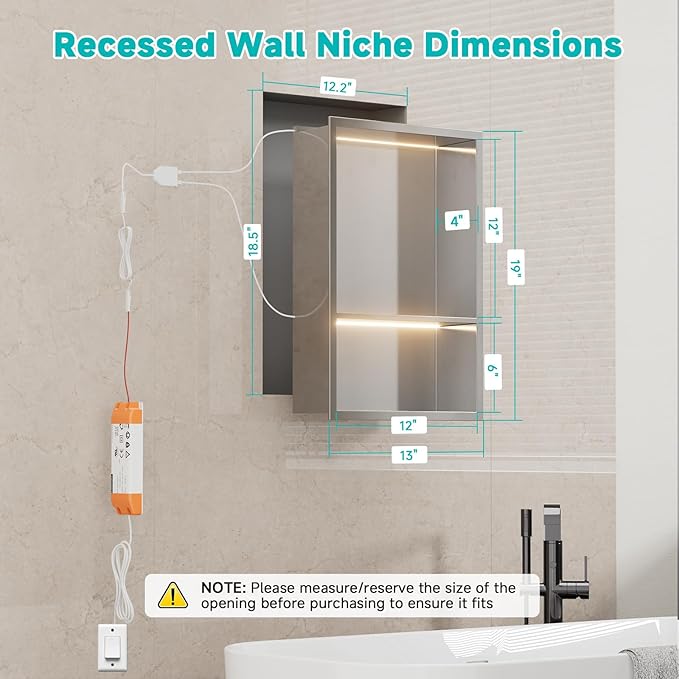 Stainless Steel LED Lights Shower Niche 12" x 18" – Recessed 2-Tier Shower Shelf, 12"x12" Upper & 12"x6" Lower Storage, Modern Bathroom Wall Niche (Brushed)