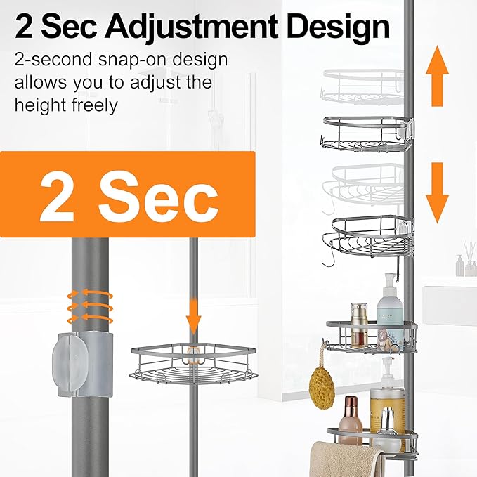 Corner Shower Caddy Tension Pole, Tension Rod Organizer, 4-Tier Adjustable Floor to Ceiling Shower Caddy 33-127inch, No Drilling Shower Shelf for Inside Shower (Gray)
