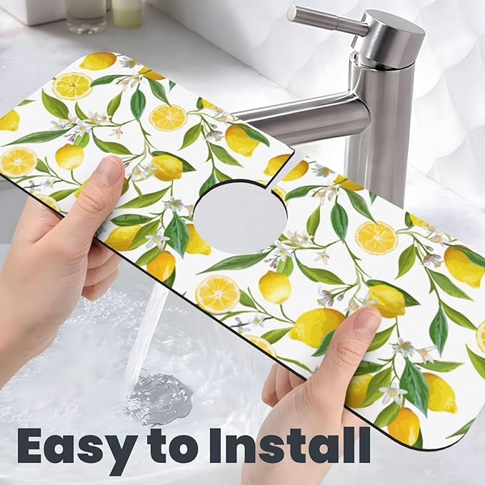 Yellow Lemon Teal Kitchen Sink Splash Guard Faucet Mat 1 Pcs, Absorbent Fast Drying Mat Gadgets Splash Guard For Bathroom 15 X 5.5 Inches