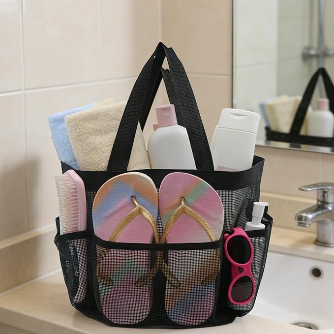 Mesh Shower Caddy Portable, Shower Tote Bag for Dorm Room Essentials, 8 Pockets Large Shower Basket for College Gym Beach Camping (1, Rose Red)