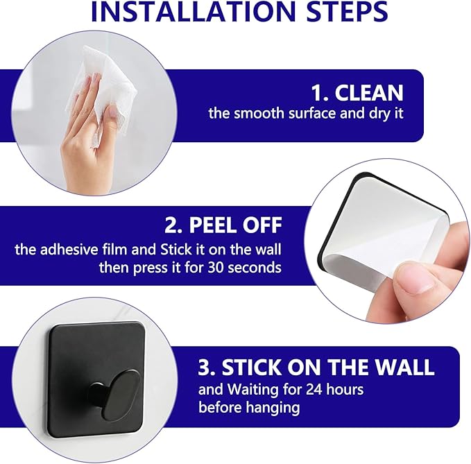 Stainless Steel Adhesive Hooks Black - 304 Metal Wall Hooks Hanger for Hanging Towel Coat Hat Shower Hooks, Robe Hook Rack Stick on Toliet Bathroom Bedroom Office or Kitchen Wall Mount (4 Packs)