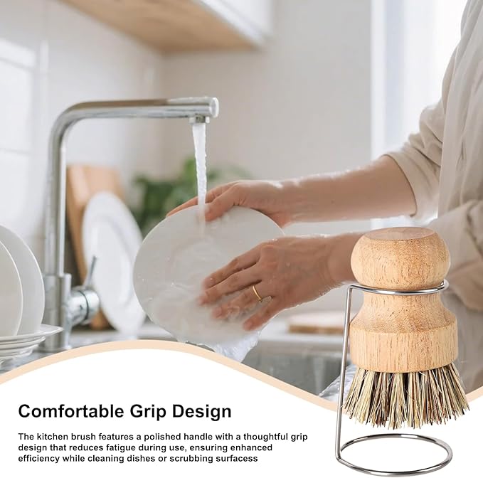 Wooden Dish Cleaning Brush – Durable Bristle Scrubber with Holder Rack for Washing Utensils Cookware Sinks Bath Surfaces Tiles | Household Scrub Tool for Kitchen Bathroom Utility Tasks