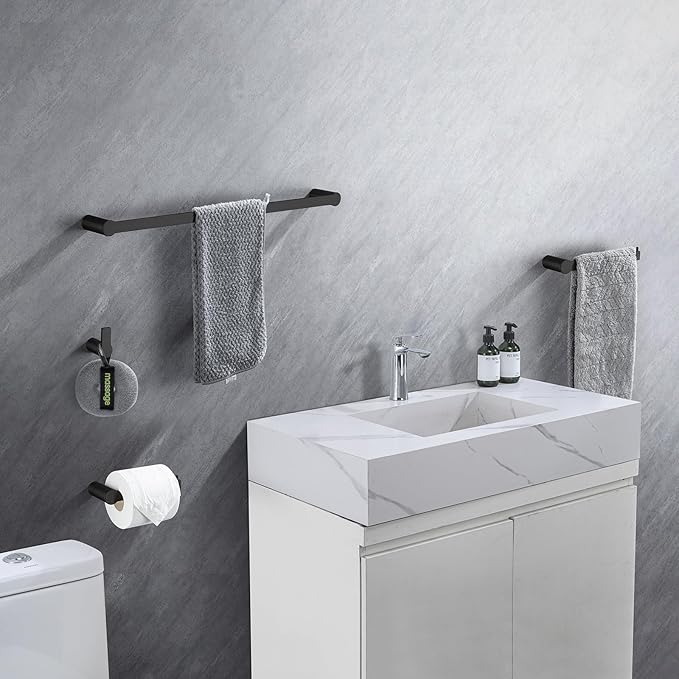 4-Pieces Bathroom Accessories Set, Matte Black Towel Bar Set Modern Stainless Steel Towel Rack Towel Hooks Toilet Paper Holder for Bathroom Wall Mounted, 23 Inch