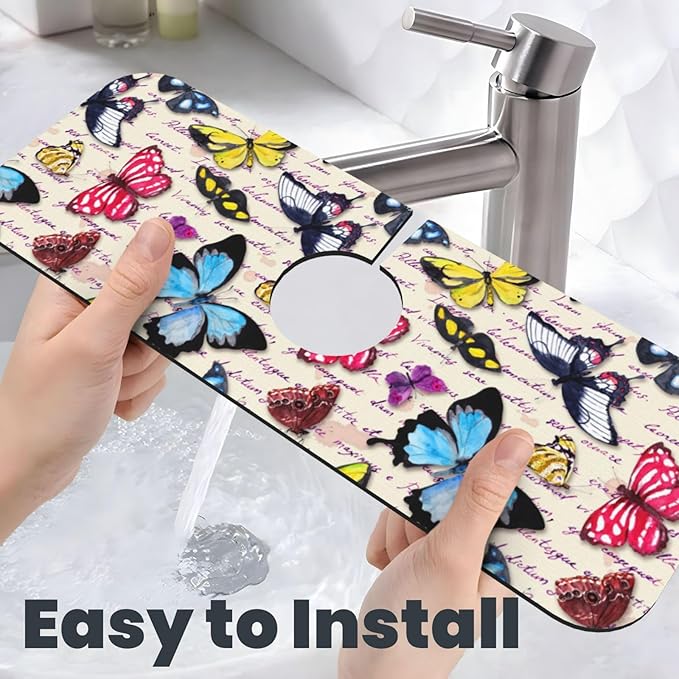 Butterfly Beautiful Vintage Butterflies Kitchen Sink Splash Guard Faucet Mat 1 Pcs, Absorbent Fast Drying Mat Gadgets Splash Guard For Bathroom 15 X 5.5 Inches