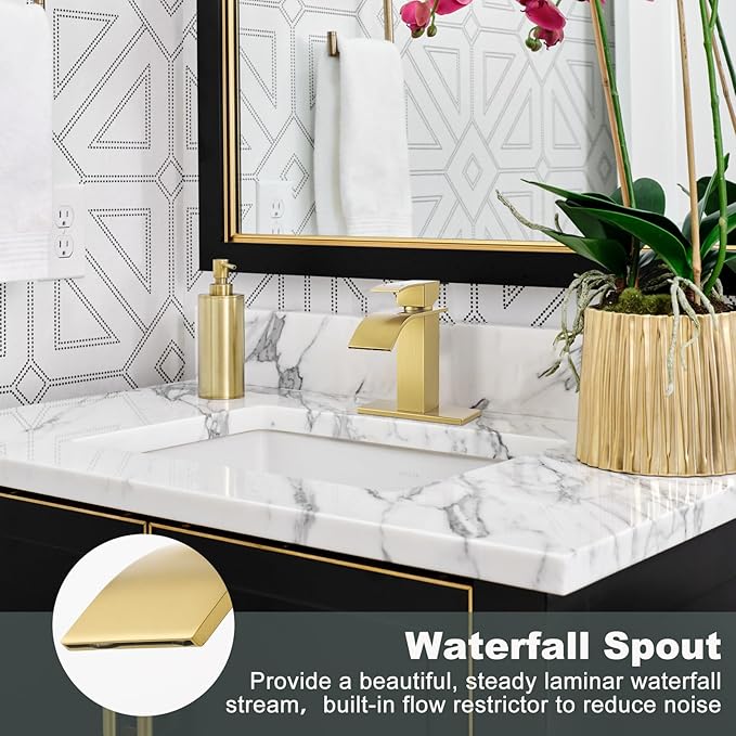 Brushed Gold Waterfall Bathroom Faucet - ARCORA Single Handle Bathroom Sink Faucet Mixer Tap Lavatory Vanity Sink Faucet with Deck Plate and Pop Up Drain, 1 or 3 Hole