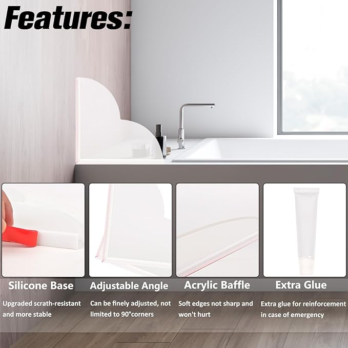 Shower Splash Guard for Bathtub - 2 Pack Bathtub Corner Splash Guard with Glue, Bath Tub Shower Splash Guard Topper, Water Shield, Splash Protector, Adjustable Angle, Enhanced Adhesive, Acrylic