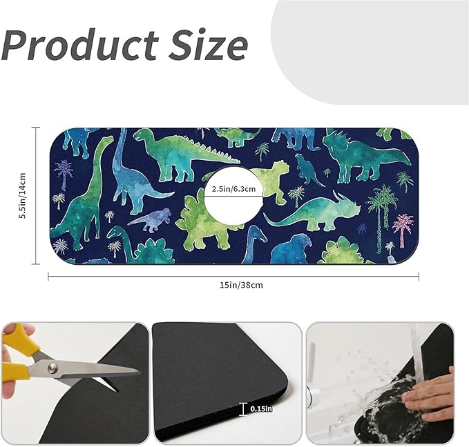 Kitchen Sink Splash Guard，Watercolor style dinosaurs Faucet Mat Sink Gadgets-Super Absorbent Fast Drying Mat Drip Catcher for Kitchen, Bathroom,Sink Mat, Dish Drying Mat, Bathroom(15" X 5.5" )