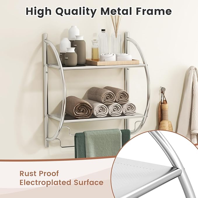 GOFLAME Wall Mounted Bathroom Shelf Set of 2, 2-Tier Chrome Towel Rack with Leaky Design Shelves, Towel Bars, Chrome Bathroom Shelf for Living Room Kitchen Bathroom, Silver