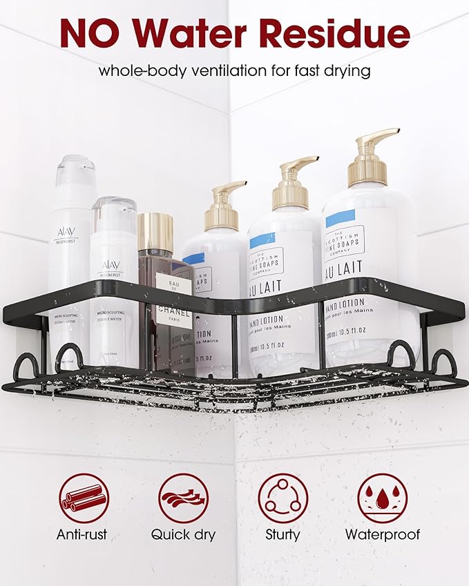 Corner Shower Caddy - 2 Pack, Adhesive Shower Organizers, Rustproof Stainless Steel Shower Shelves with 8 Hooks, No Drilling Bathroom Organizers and Storage Racks, Space-Saving, Black,Medium | Rustproof, Shower Shelves, 8 Hooks, Bathroom Organizers, St...