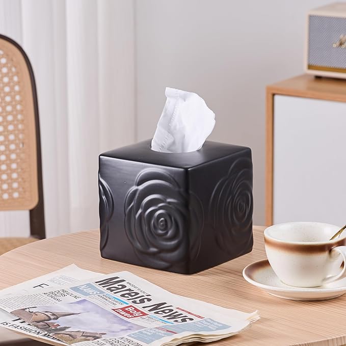 Black Ceramic Rose Tissue Box Cover, Carved Flowers Large Square Tissue Box Holder Decorative for Bathroom, Vanity, Kitchen Countertop, Bedroom Night Stands, Office Desk Top