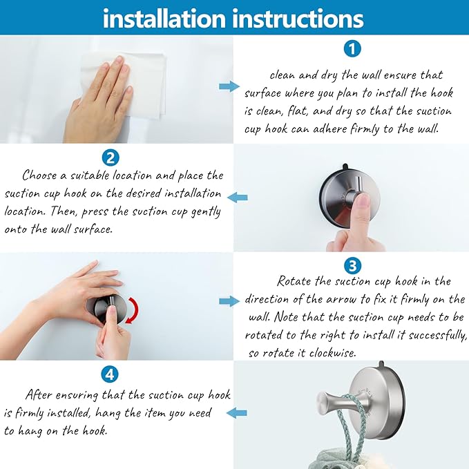 DGYB Suction Cup Hooks for Shower 4-Pcs Heavy-Duty 15LB Max Load, 304 Stainless Steel & PVC, No Drill Bathroom Wall Hooks for Towels, Robe, Loofah (Brush)