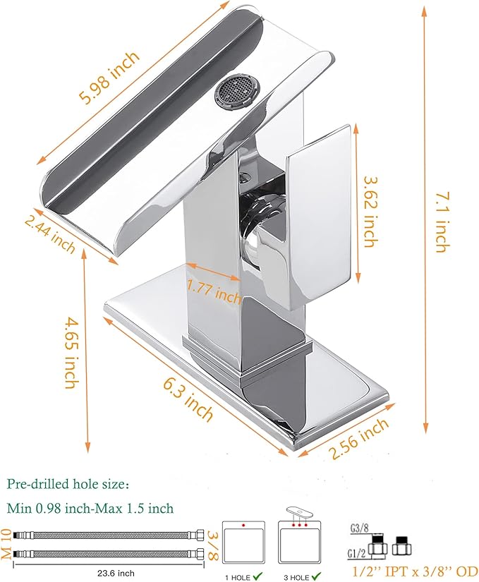 Chrome Bathroom Sink Faucet One Hole LED Waterfall Spout RGB 3 Colors Light Changing Lavatory Vanity Faucets Brass Single Handle Modern Washbasin Bath Tap Include Plates to Cover Holes Residential
