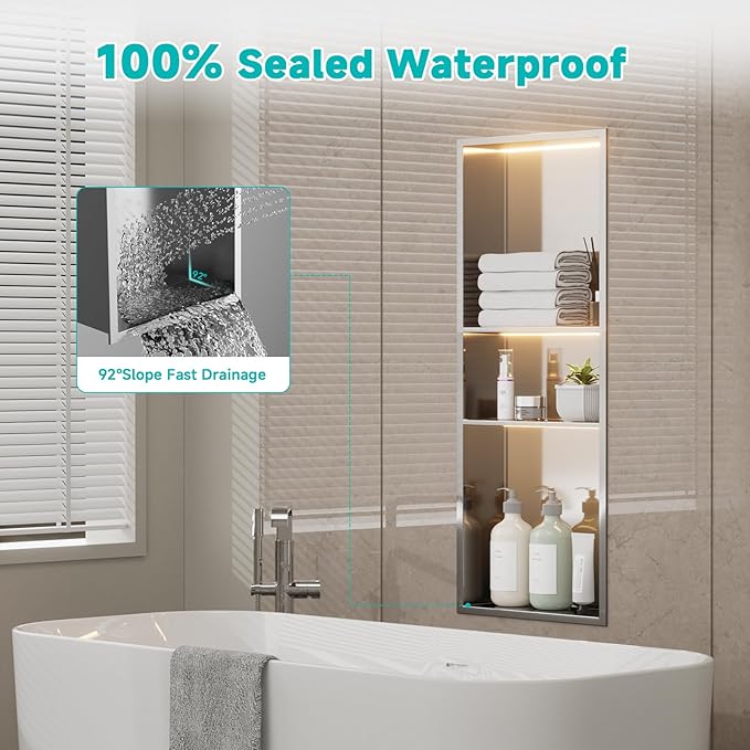 Stainless Steel LED Lights Shower Niche 12" x 30" – Recessed Wall Niche with 3-Tier Storage, Waterproof & Rustproof Modern Bathroom Shower Shelf (Brushed)