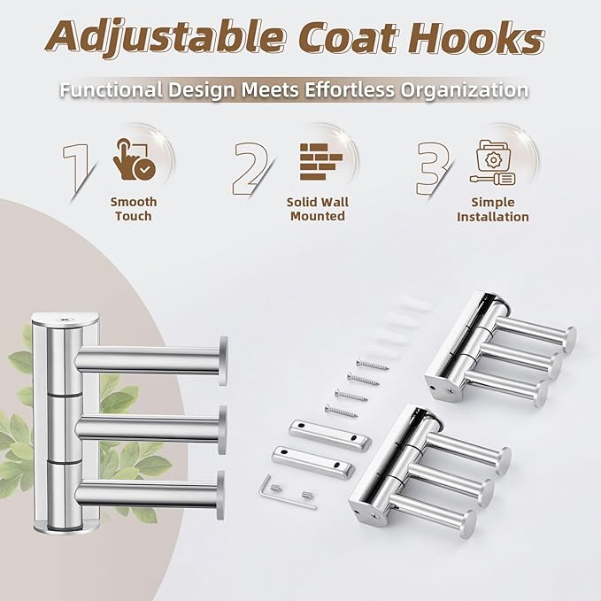 APLusee Swivel Towel Hooks Polished Chrome, 304 Stainless Steel 3 Arms Foldable Bathroom Robe Towel Hook, Shower Coat Hook, Wall Kitchen Holder, 2 Pack
