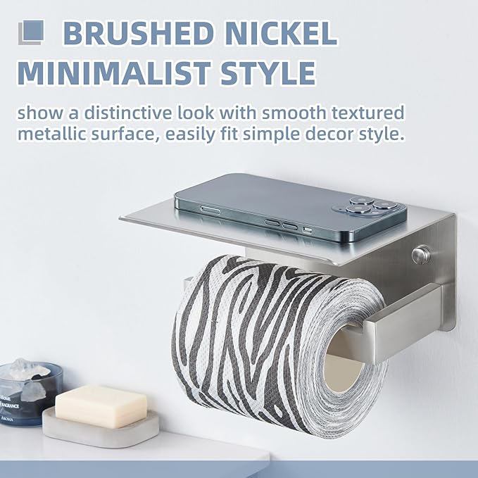 APLusee Brushed Nickel Toilet Paper Holder with Shelf, Left Side 304 Stainless Steel Tissue Roll Hanger, Wall Mounted