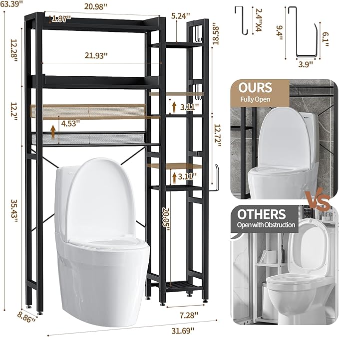 Housolution Over The Toilet Storage with 2 Drawers, 7 Tier Over Toilet Bathroom Organizer with Height Adjustable Shelves and Hooks, Space Saver Above Toilet for Bathroom/Restroom/Laundry, Black