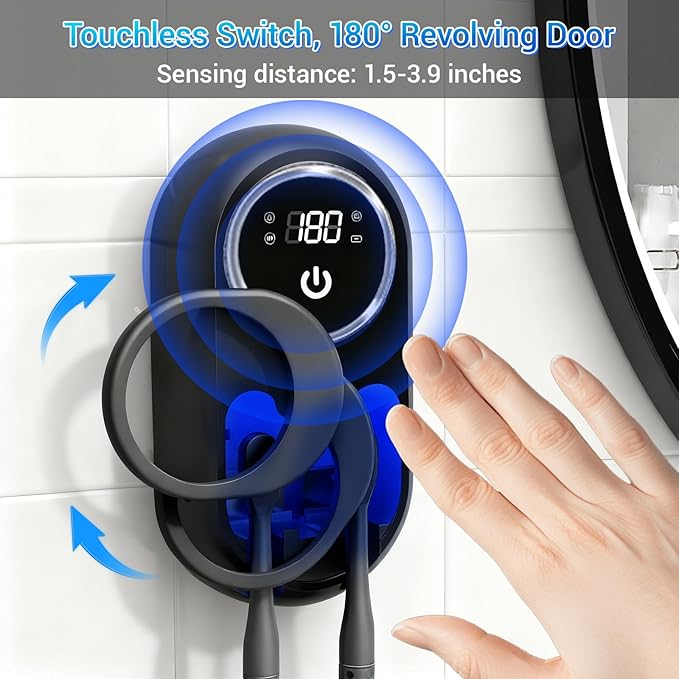 Smart Electric Toothbrush Holders for Bathrooms,Travel Toothbrush Holder with Motion-Sensing Cover,Auto-Clean & Instant Dry,2 Brush Slots,LED Display & USB Rechargeable (Black)