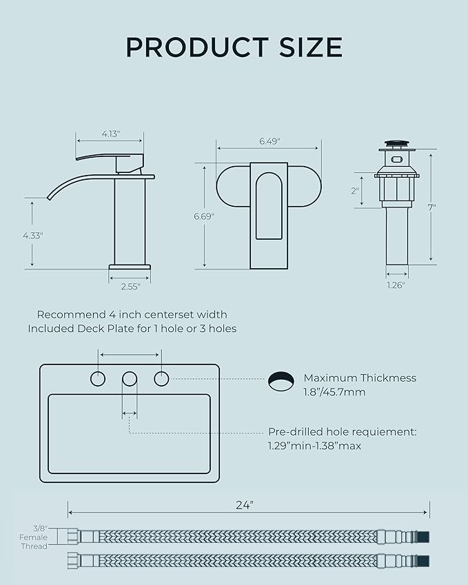 FORIOUS Brushed Gold Bathroom Faucet One Hole, Waterfall Single Handle Bathroom Faucet for 1 or 3 Hole Sink with Metal Pop up Drain, Deck Plate, cUPC Hoses for Vanity, Rv Sink